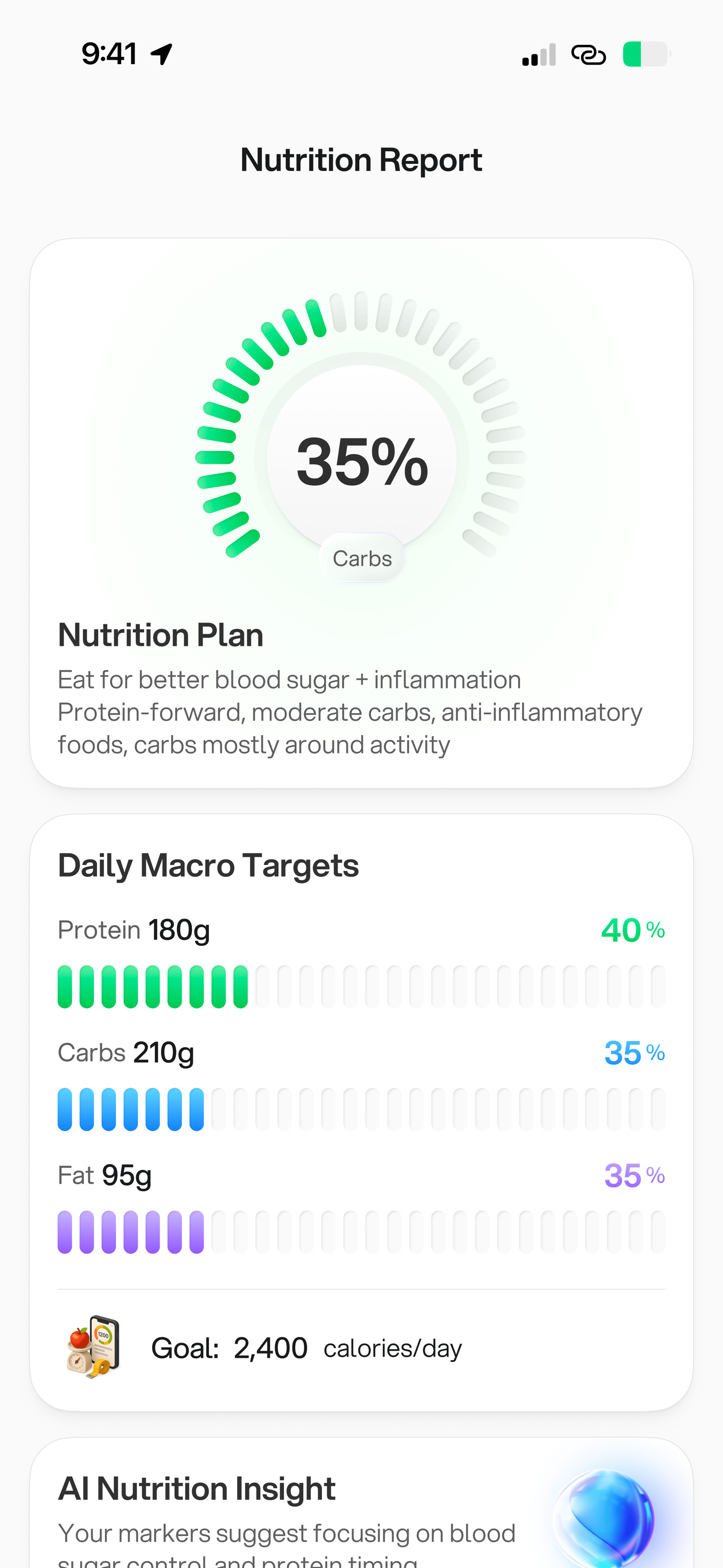 Informe nutricional que muestra objetivos diarios de macros y plan nutricional